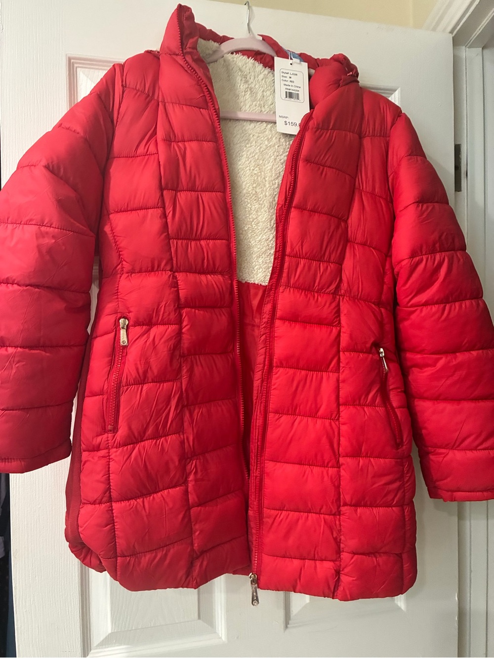 Women's Red Quilted Hooded Puffer Coat with Sherpa Lining